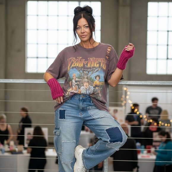 Candy Pink HandKnit Fingerless Texting Gloves Mittens Glovelet Rose Bonbon - Picture 1 of 12